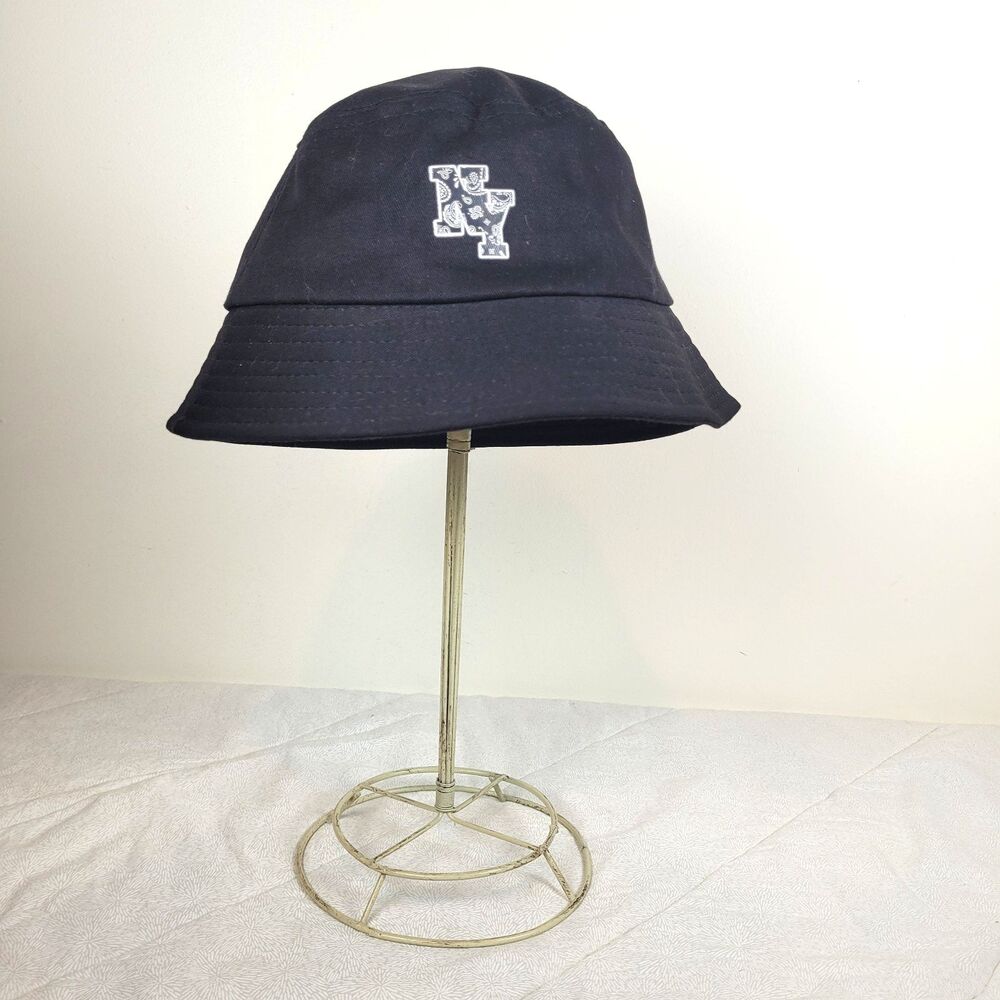 Black canvas bucket hat with paisley stamped NY logo casual relaxed city chic